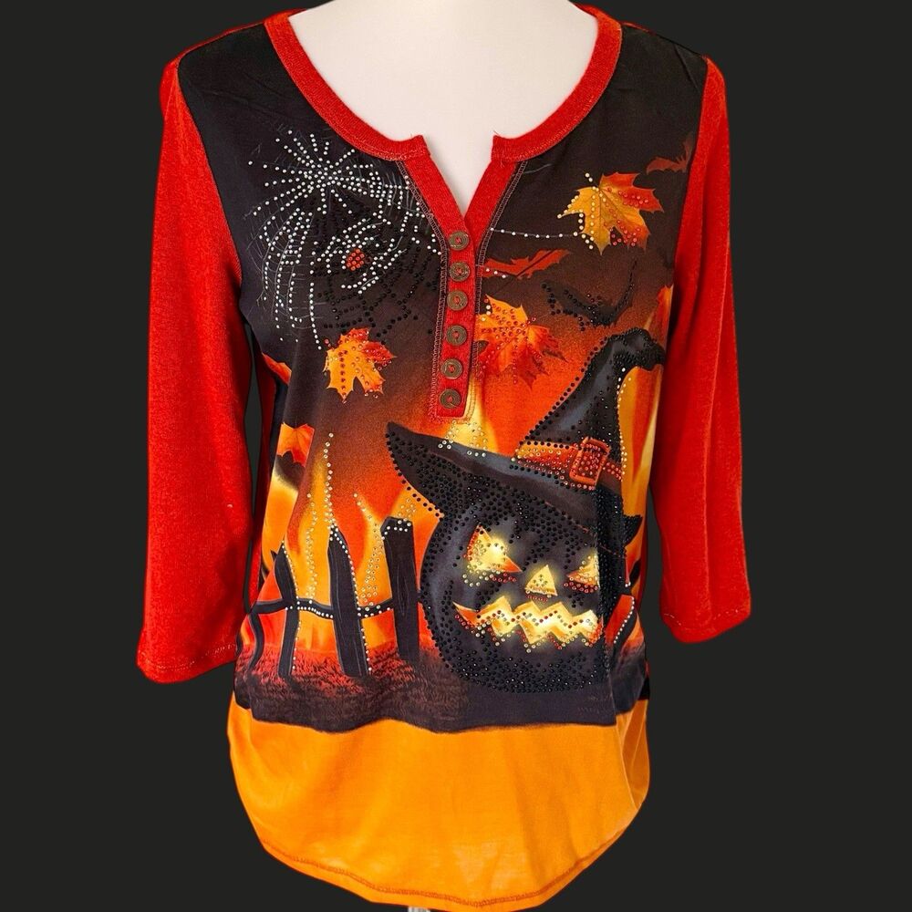 Onque Casuals Small Jack-O-Lantern Spider Halloween Beaded Studded Top Tee Shirt